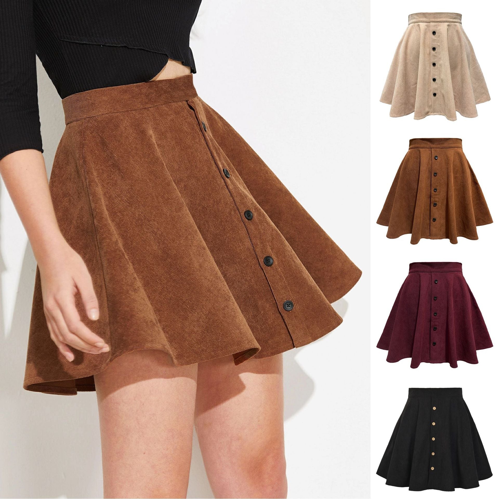 Women Solid Color Corduroy Fall Winter Skirt Sweet Single Row Button High Waist Umbrella Skirt for Women