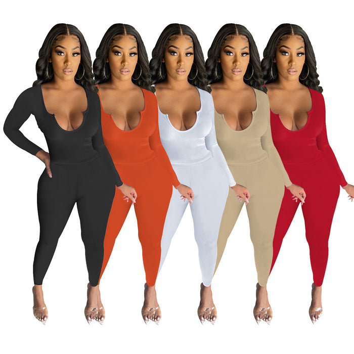 Women Clothing Sexy Deep V Plunge Plunge Long Sleeve Trousers Suit Solid Color Sanding Stretch Two-Piece Set for Women