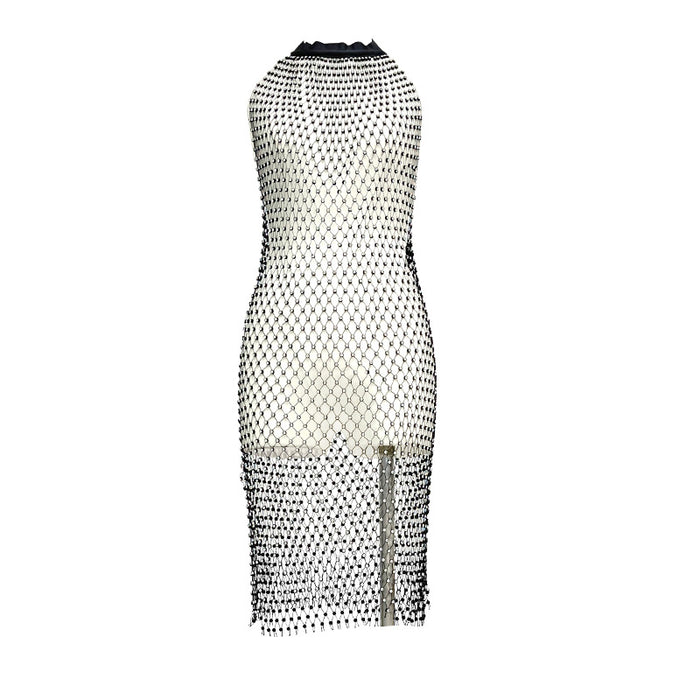 【MOQ-5 packs】 Net Red Fish Grid Sparkling Rhinestone Halter Backless Dress Beach Cover Up