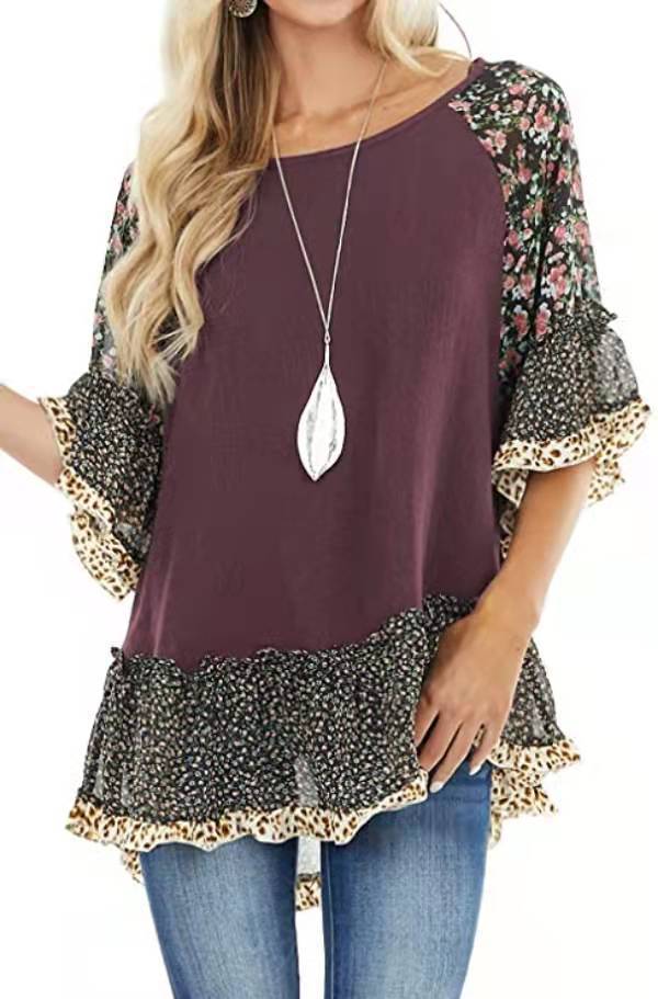 Spring Summer Women Clothing Batwing Sleeve Color Blocking Leopard Floral Print Mid Length Sleeves T Shirt