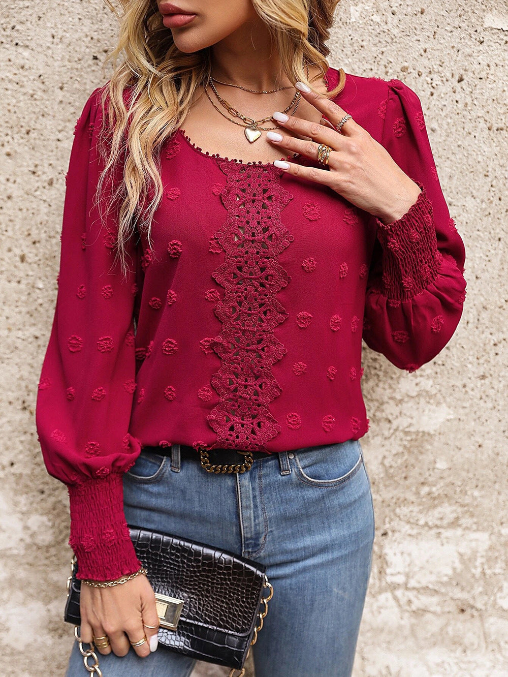 Women Round Neck Puff Sleeve Big Polka Dot Stitching Lace Smocking Shirt