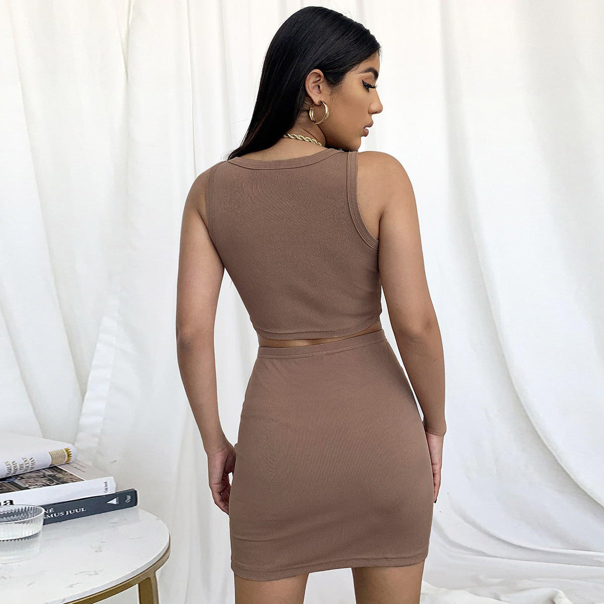Women Clothing Sexy Tight Short-Sleeved Sheath Dress Skirt Outfit Two-Piece Set