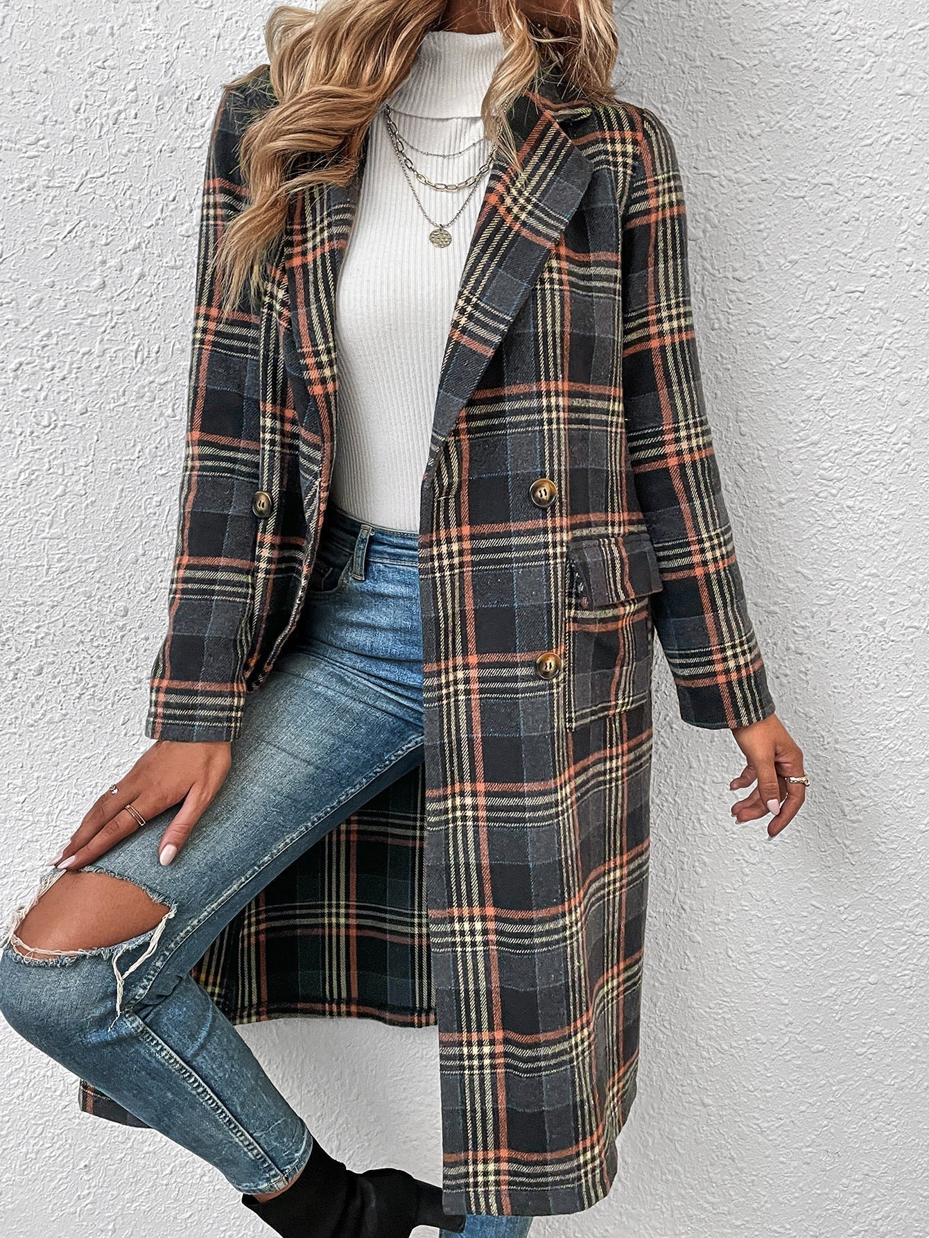 Fall Winter Casual Women Clothing Trendy Single Breasted Plaid Wool Coat