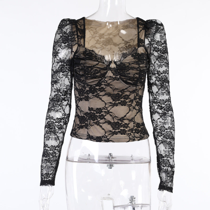 Chest Cup Lace Long sleeved Top Women Spring Fashionable Sexy Black Waist tight Bag V neck Shirt