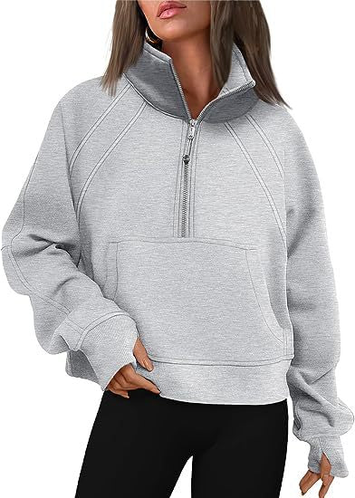 Women Clothing Half Zipper Short Stand Collar Thumb Hole Brushed Hoody