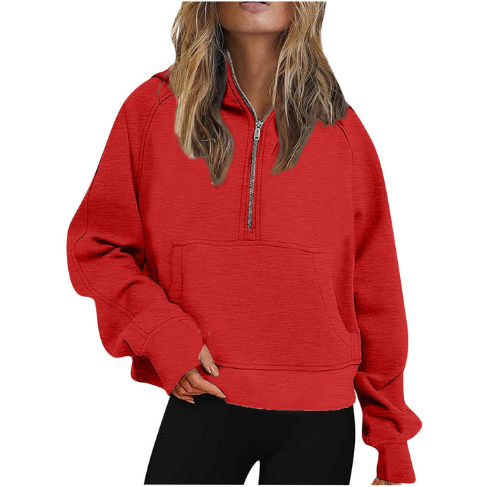 Autumn Winter Women Scuba Sports Half Zipper Yoga Clothes Loose Short Hood Fleece Lined Sweater Sweater