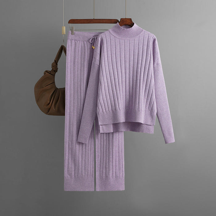 Women Clothing Autumn Winter Sunken Stripe Mock Neck Sweater Suit Solid Color Loose Warm Pullover Two Piece Set