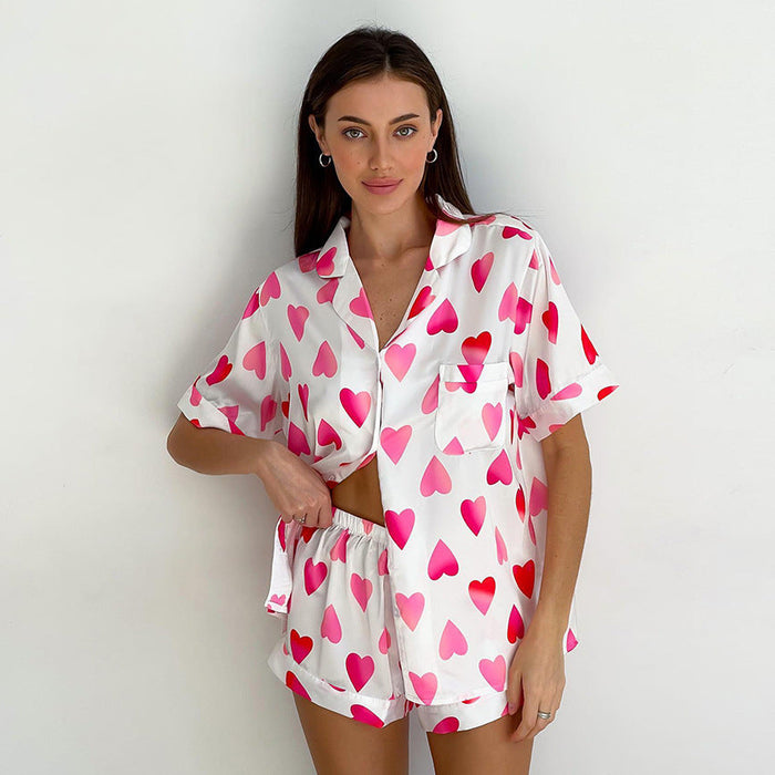 Heart Printing Pajamas Women Summer Short Sleeve Shorts Suit Loose Ice Silk Home Wear