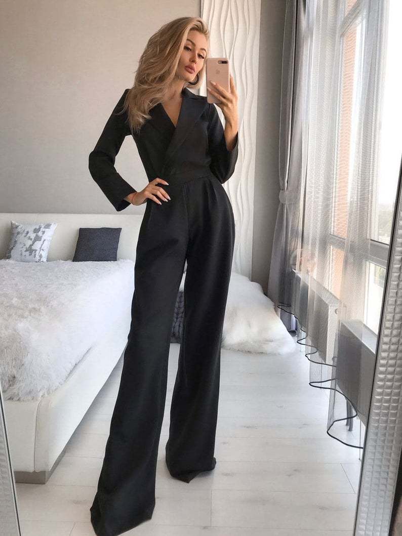 Women Clothing Long Sleeve Slim Fit Bodysuit Solid Color Trousers