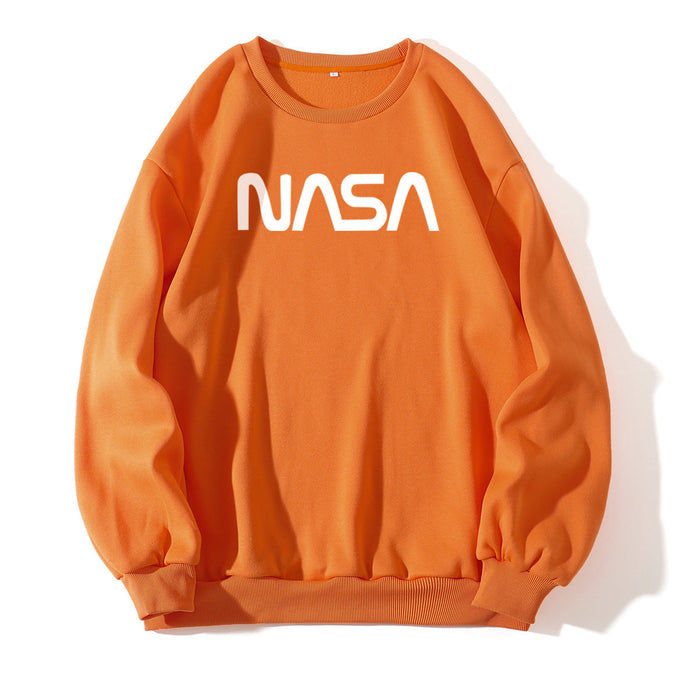 Fleece Lined Crew Neck Sweater Women NASA Letter Graphic Print Fresh Casual Pullover Round Neck Long Sleeves T Shirt