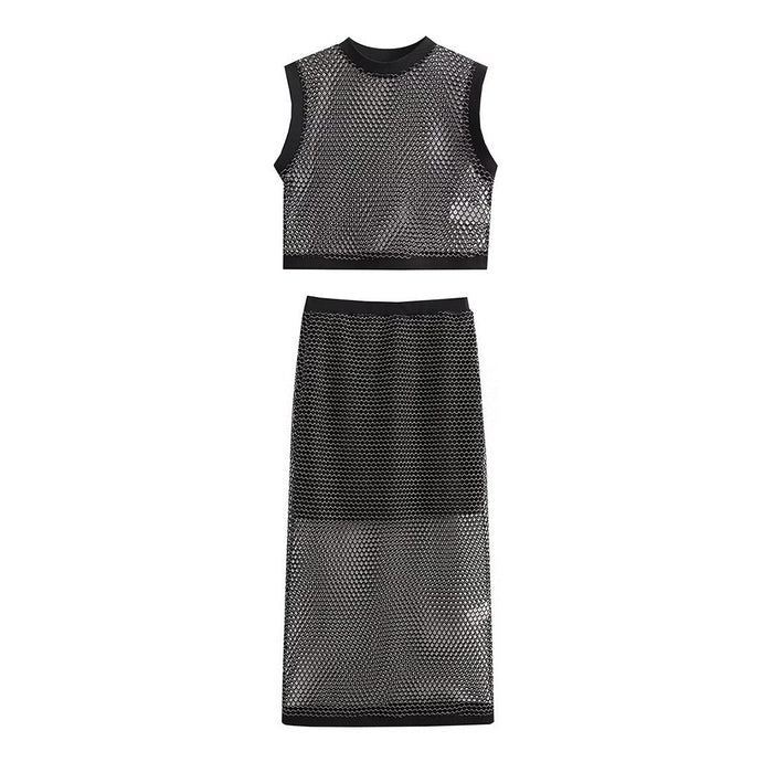 Spring Women Clothing Mesh See through round Neck Sleeveless Top High Waist Skirt Sets