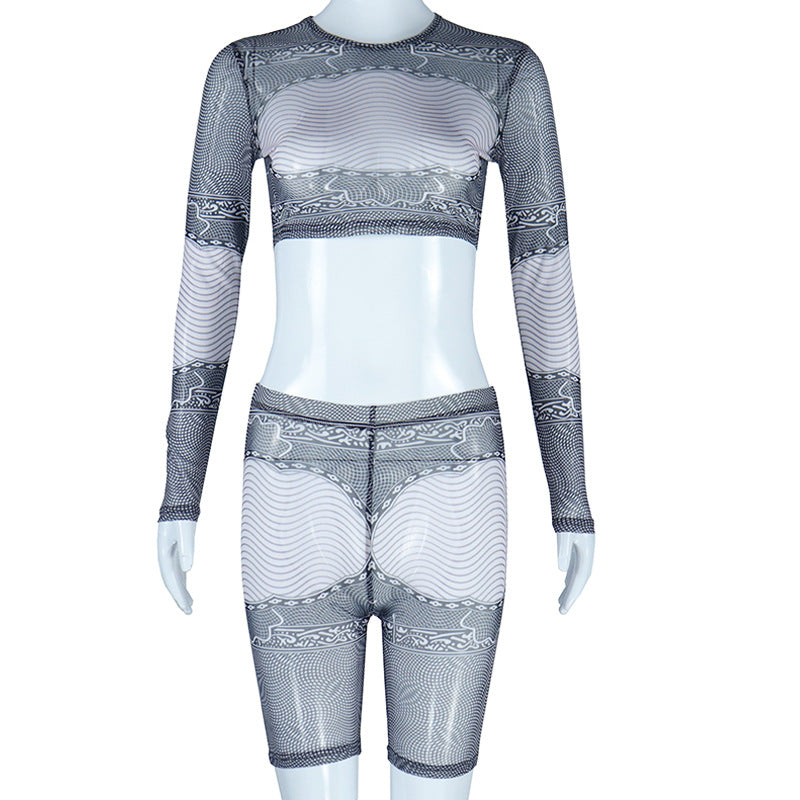 Mesh See through Body Hugging Suit round Neck Long Sleeve Top High Waist Hip Lift Pants Two Piece Set