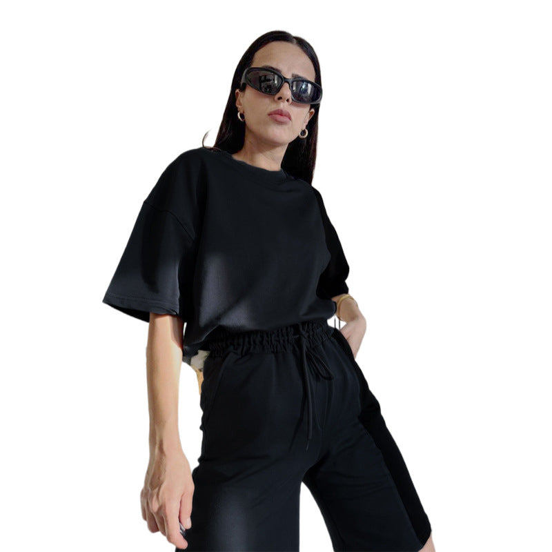 Spring Summer Solid Color round Neck Short Sleeves Women Two Piece Suit All Matching Loose Outfit