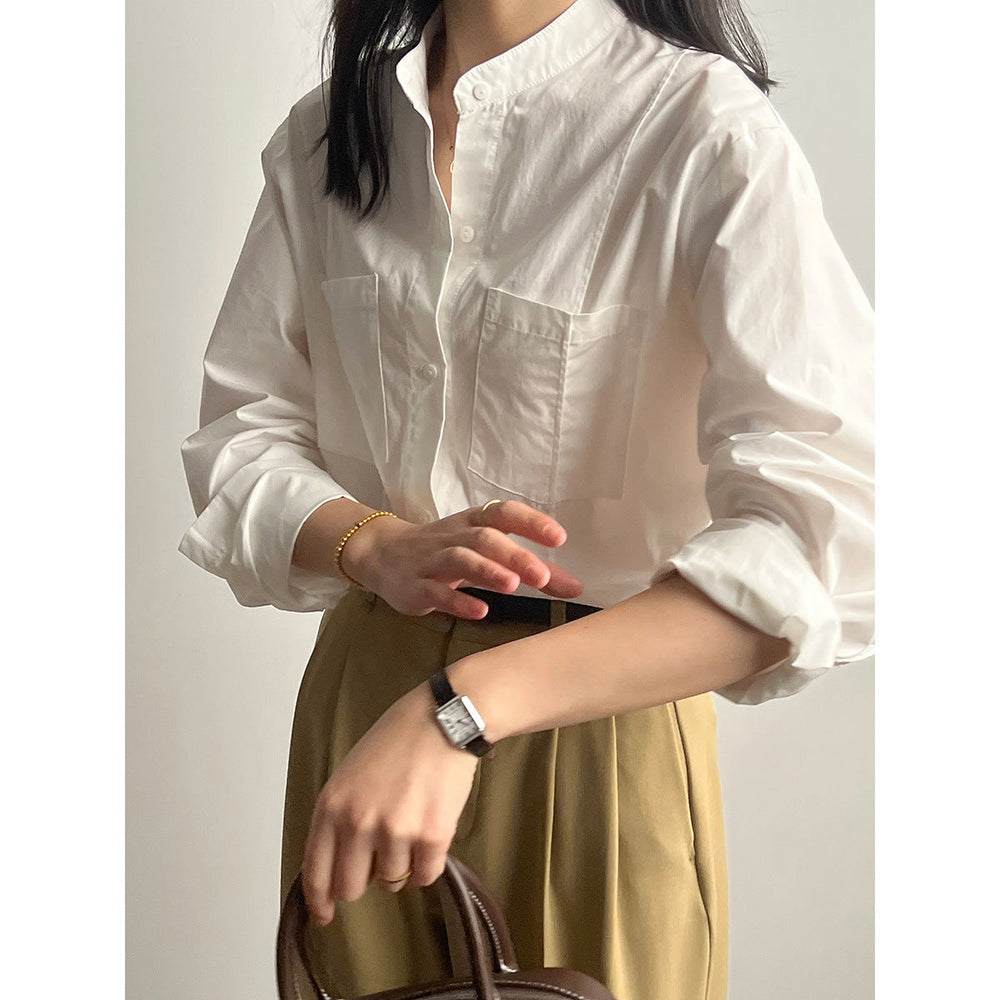 French Stand Collar Shirt for Women Autumn High Grade Chic Design Long Sleeve Shirt