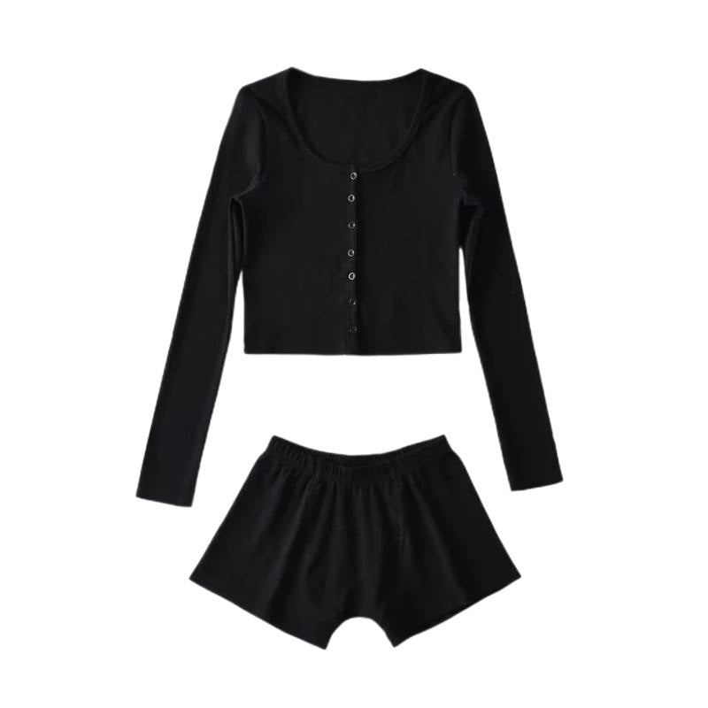 Sexy round Neck Single Breasted Short Cropped Cardigan T shirt Top Elastic Waist Slim Short Two Piece Suit