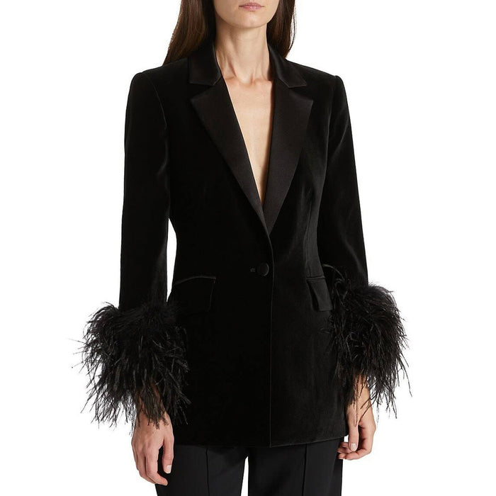 Spring Autumn Velvet Women Ostrich Feather Jacket Blazer