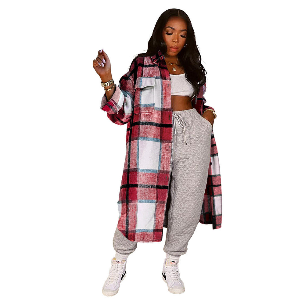 Women Clothing Nightclub Uniforms Pocket Plaid Long Shirt Coat