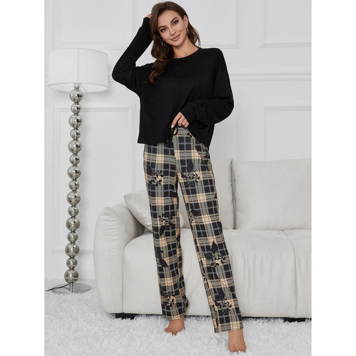 Pajamas Women Autumn Winter Plant Print Long-Sleeved Homewear Suit