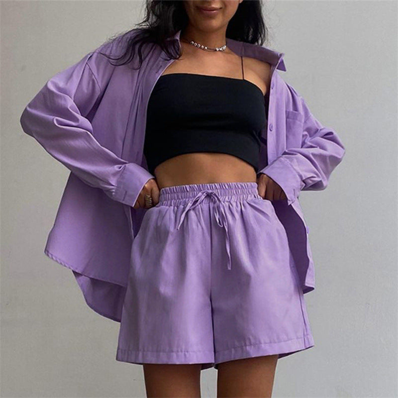 Casual Home Wear Set Spring Summer Women Long Sleeved Shirt Top Straight Shorts Two Piece Set