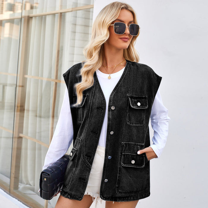 Women Clothing Washed Multi Pocket Personalized Denim Waistcoat Vest