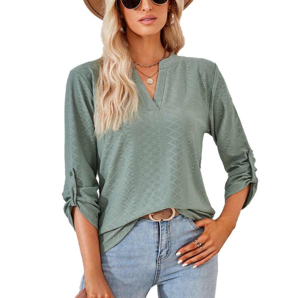 Autumn Winter Solid Color V-neck Three-Quarter Sleeve Button Loose-Fitting T-shirt Top Women