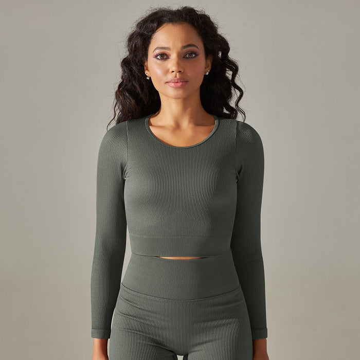 Seamless Solid Color Striped Tight Sexy Yoga Clothes Breathable Long Sleeves Top Sports Running Fitness Clothes