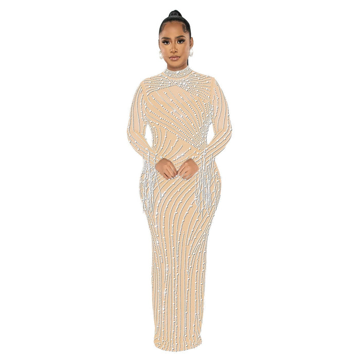 Women Wear Mesh See Through Drilling Long Sleeve Lining Two Piece Set