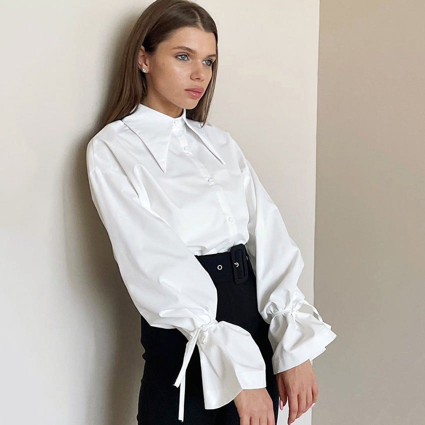 Spring Summer Women Clothing Long Sleeved White Shirt Pointed Collar Office Bow Design French Shirt