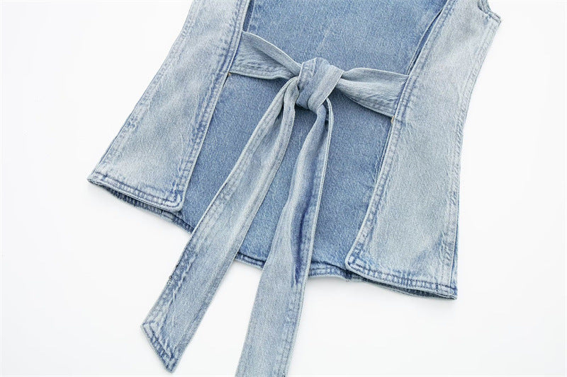 【MOQ-5 packs】 Halter Design Solid Color Camisole Bow Tie Slim Top Summer Washed Denim Vest Women