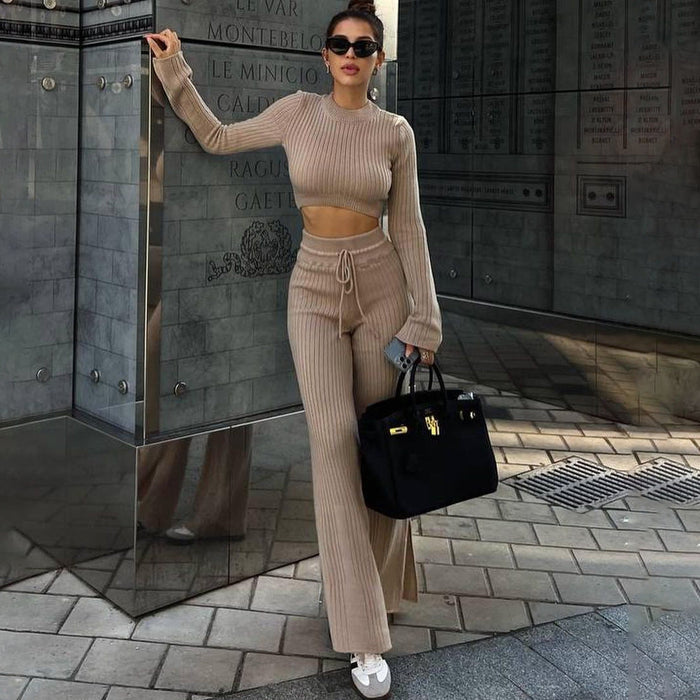 Casual Set Short Cropped Cropped Knitted Long Sleeved Top Special Split Straight Leg Pants Two Piece Set