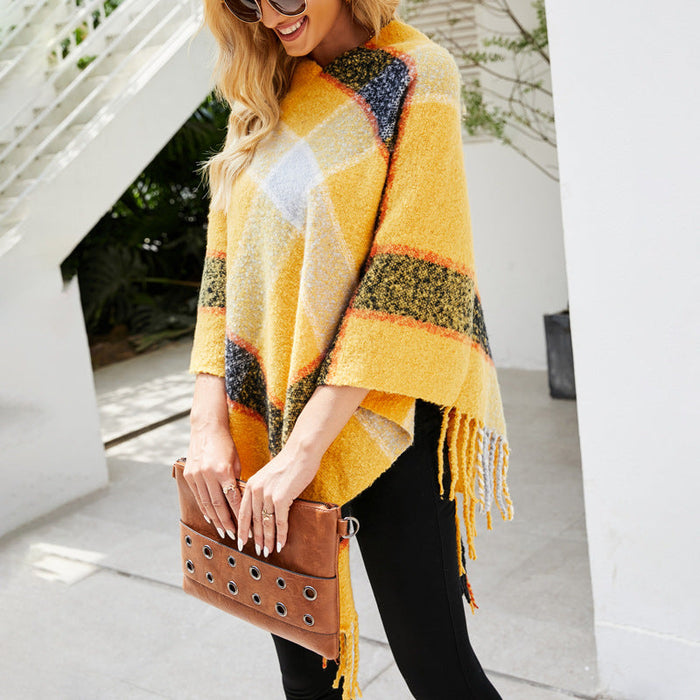 Autumn Winter Cashmere Contrast Color Striped Cloak Knitted Tassel Scarf Shawl Women