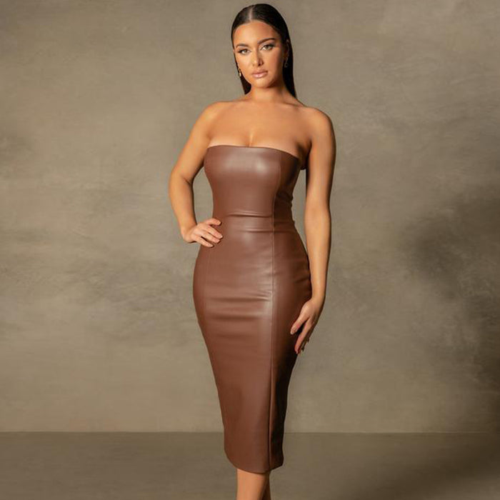 Autumn Winter Solid Color Faux Leather Elegant Slim-Fit Tube Top Back Slit Sexy Midi Dress