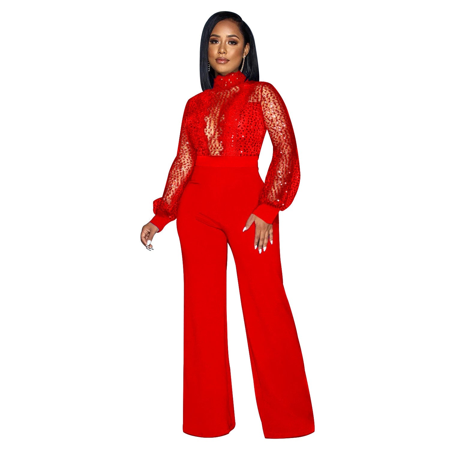 Women Wear Hollow Out Cutout out See through Long Sleeved Trousers Lace up Jumpsuit