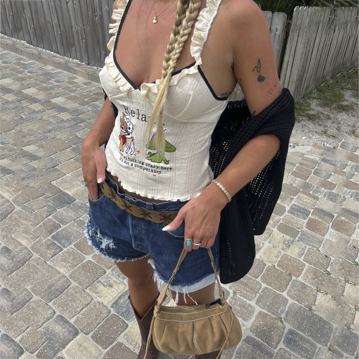 Women Clothing Cartoon Embroidered Strap Vest Women Slim Fit Wooden Ear Stitching Low Cut Cropped Top
