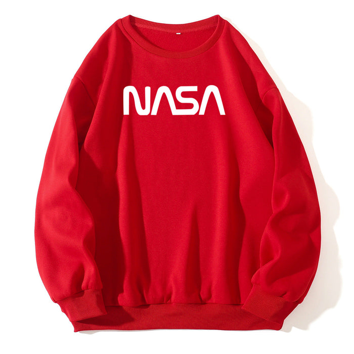 Fleece Lined Crew Neck Sweater Women NASA Letter Graphic Print Fresh Casual Pullover Round Neck Long Sleeves T Shirt