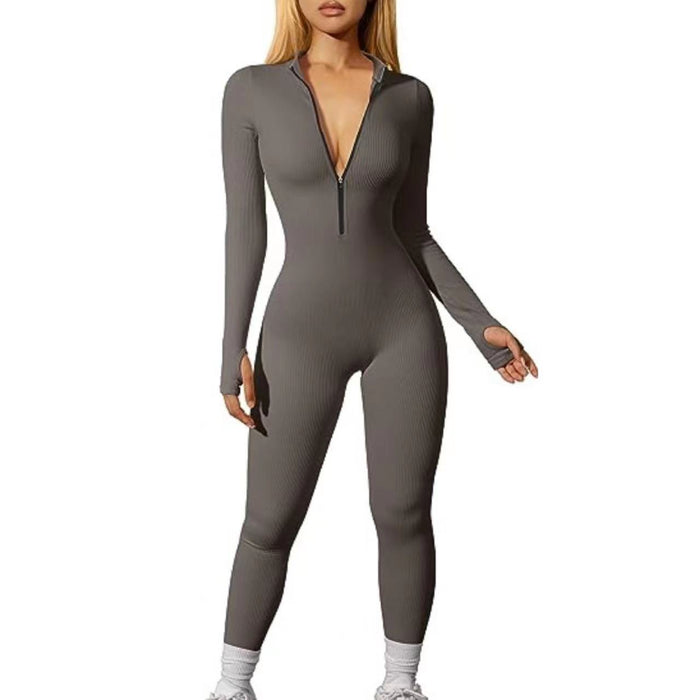 Women Sports Jumpsuit Workout Ribbed Long Sleeve Zipper Casual Jumpsuit Trousers Tight