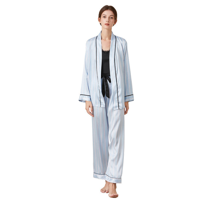 Simple Women Suspender Trousers Home Wear Mid Length Printed Lace Bathrobe Comfortable Thin Pajamas Three Piece Set