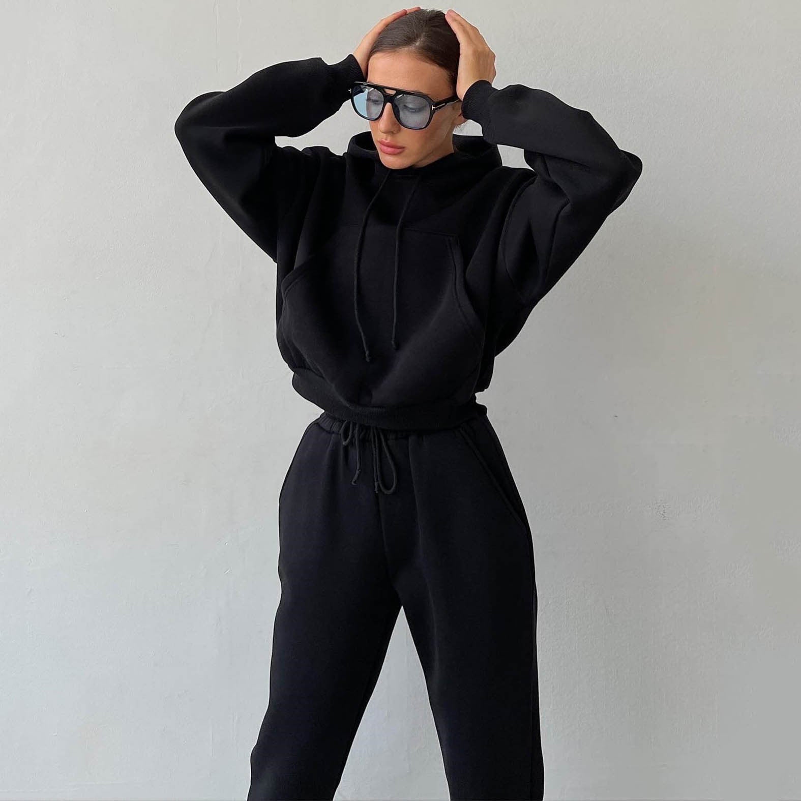 Solid Color Casual Sports Sweater Suit Women Fall Winter Hooded Sweatshirt Sweatpants Two Piece Set Women