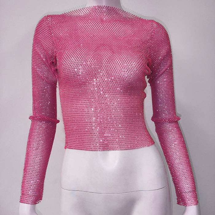 Women Clothing Grid Rhinestone Fishnet Long Sleeve Top Sexy Slim Fit Sexy Outfit Rhinestone Top