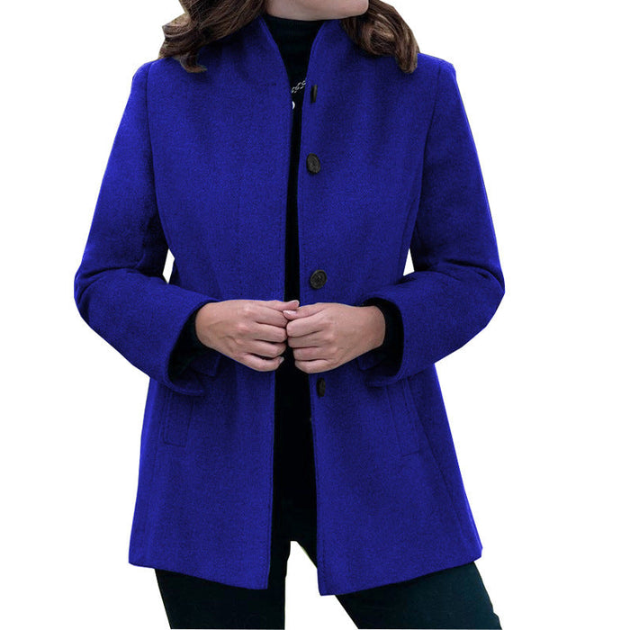 Autumn Winter Simplicity Long Sleeve Collared Button Slim-Fit Woolen Coat Women