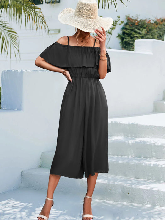 Spring Summer Popular Solid Color off Shoulder Loose Casual Sling Jumpsuit