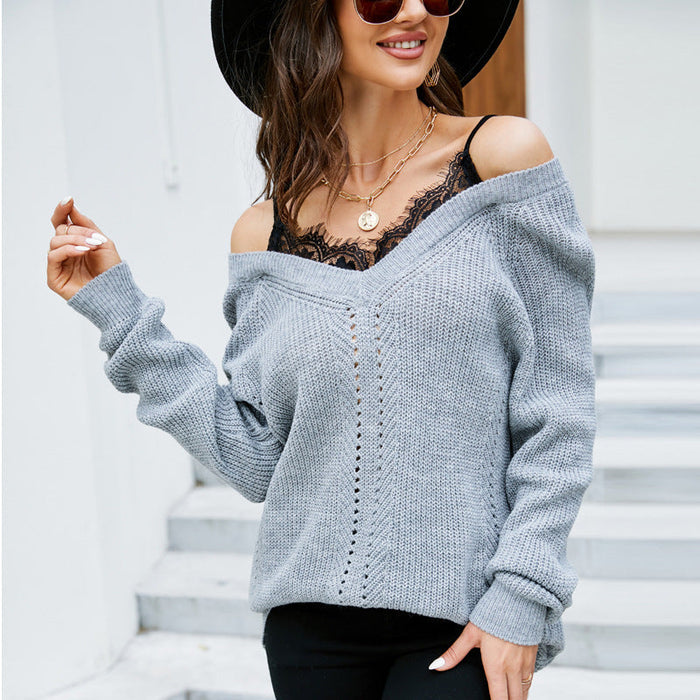 Sexy Lace Stitching Pullover V neck Sweater Women Loose False Two Pieces Top Sweater