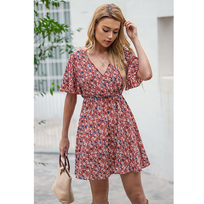 Self Developed Empty Summer Red V neck Floral High Waist Short Dress