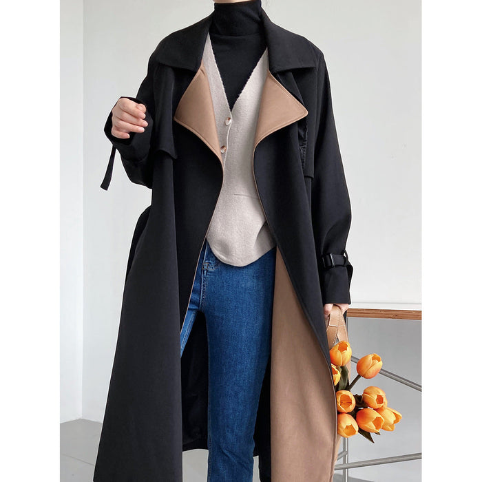 Elegant Stitching Contrast Color Trench Coat Women Mid-Length over-the-Knee Large Collared Waist-Controlled Overcoat