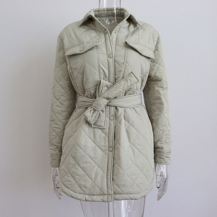 Long Breasted Collared Loose Warm Rhombus Cotton Padded Coat Autumn Winter Wild Thickened Cotton Padded Coat for Women