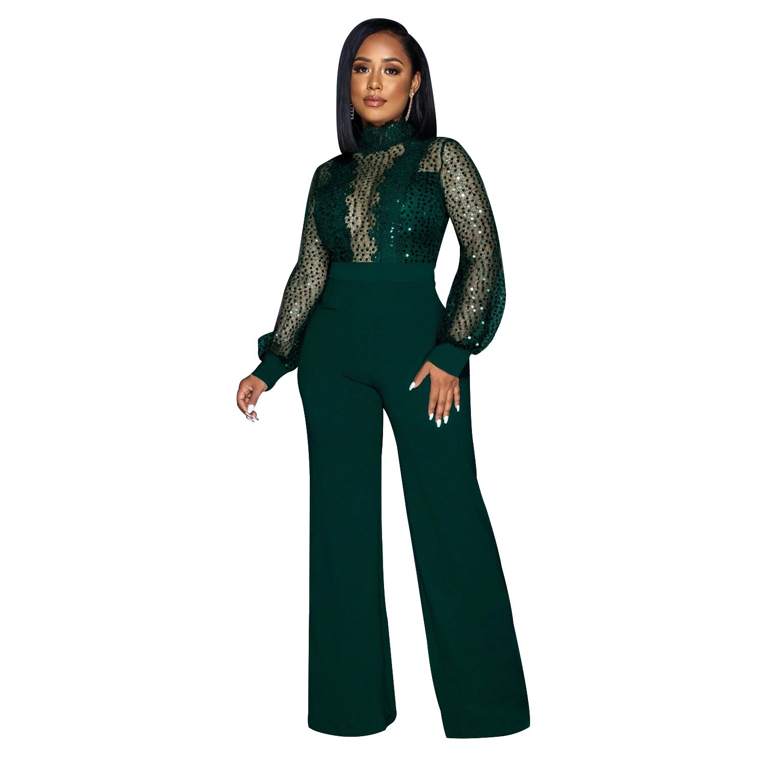 Women Wear Hollow Out Cutout out See through Long Sleeved Trousers Lace up Jumpsuit
