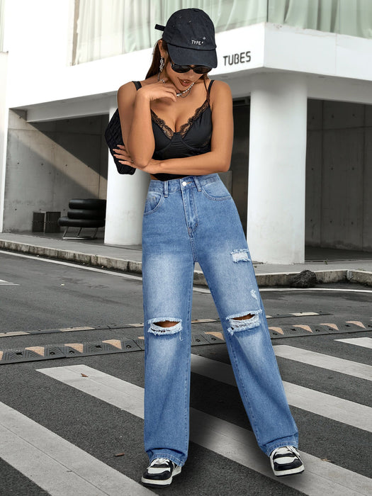 Women Denim Trousers Trendy High Waist Ripped Casual Straight Leg Pants