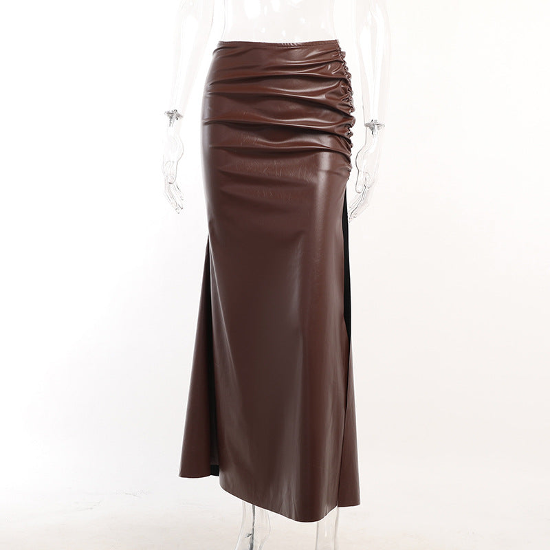Pleated Faux Leather Cropped Top Women Tight Split Hip Skirt Set