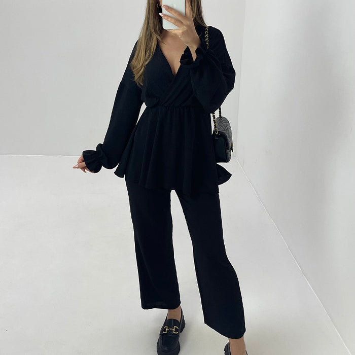 Autumn Casual Set V neck Long Sleeve Waist Tight Pullover High Waist Cropped Pants Two Piece Set