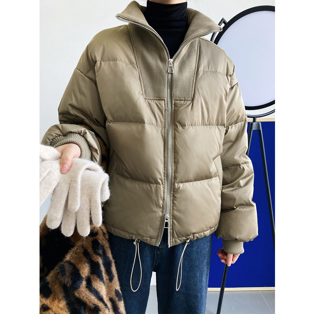 Stand Collar Short down Jacket Women Small White Duck down Coat